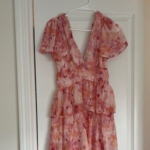 Nalia Pink Abstract Print Tiered Tie-Back Midi Dress